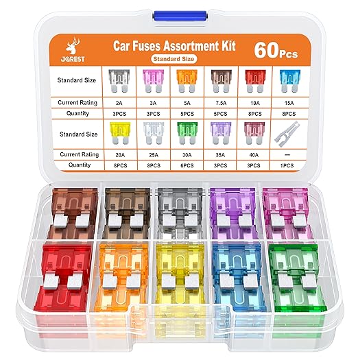 JOREST 60Pcs Standard Car Fuse Kit -Replacement Fuses Assortment Kit for Car/RV/Truck/Motorcycle(2Amp 3A 5A 7.5A 10A 15A 20A 25A 30A 35A 40A) - Standard Blade Fuses Automotive + Auto Fuse Puller