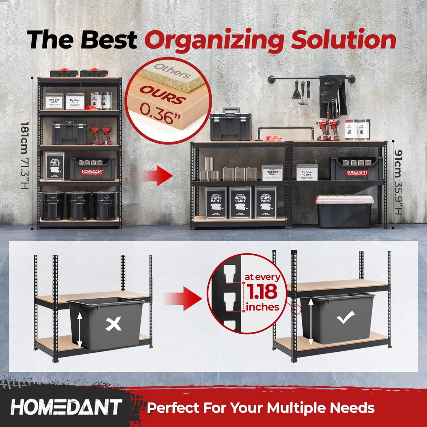 HOMEDANT 5-Tier Laminated Boltless Heavy Duty Metal Shelving Unit Adjustable Garage Storage Utility Rack Shelves Organization Multipurpose Shelf Warehouse Industrial 39.8" W x 18.2" D x 71.3" H 1Pack