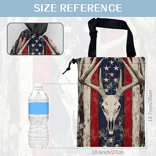 Bucks Antlers Skull Car Garbage Bag,American Flag Small Car Trash Bag Hanging Back of Seat,Drawstring Car Trash Bag with Adjustable Buckle,Car Accessories for Camping Travelling