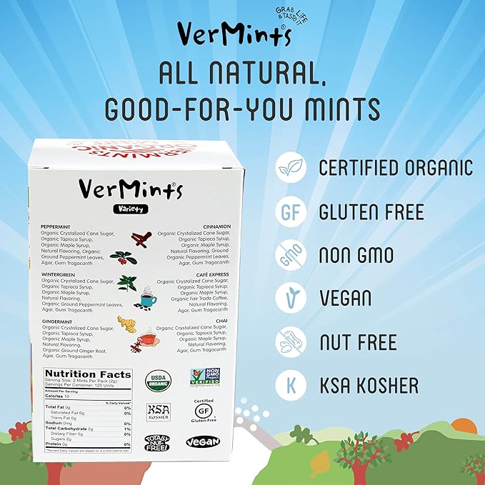 VerMints Organic Breath Mints – Travel Size Peppermints, Ginger Mints, Wintergreen, Cinnamon, Chai & Cafe Express Flavored Candy - Non-GMO, Gluten-Free, Vegan & Kosher Healthy Refresh - 120 Count