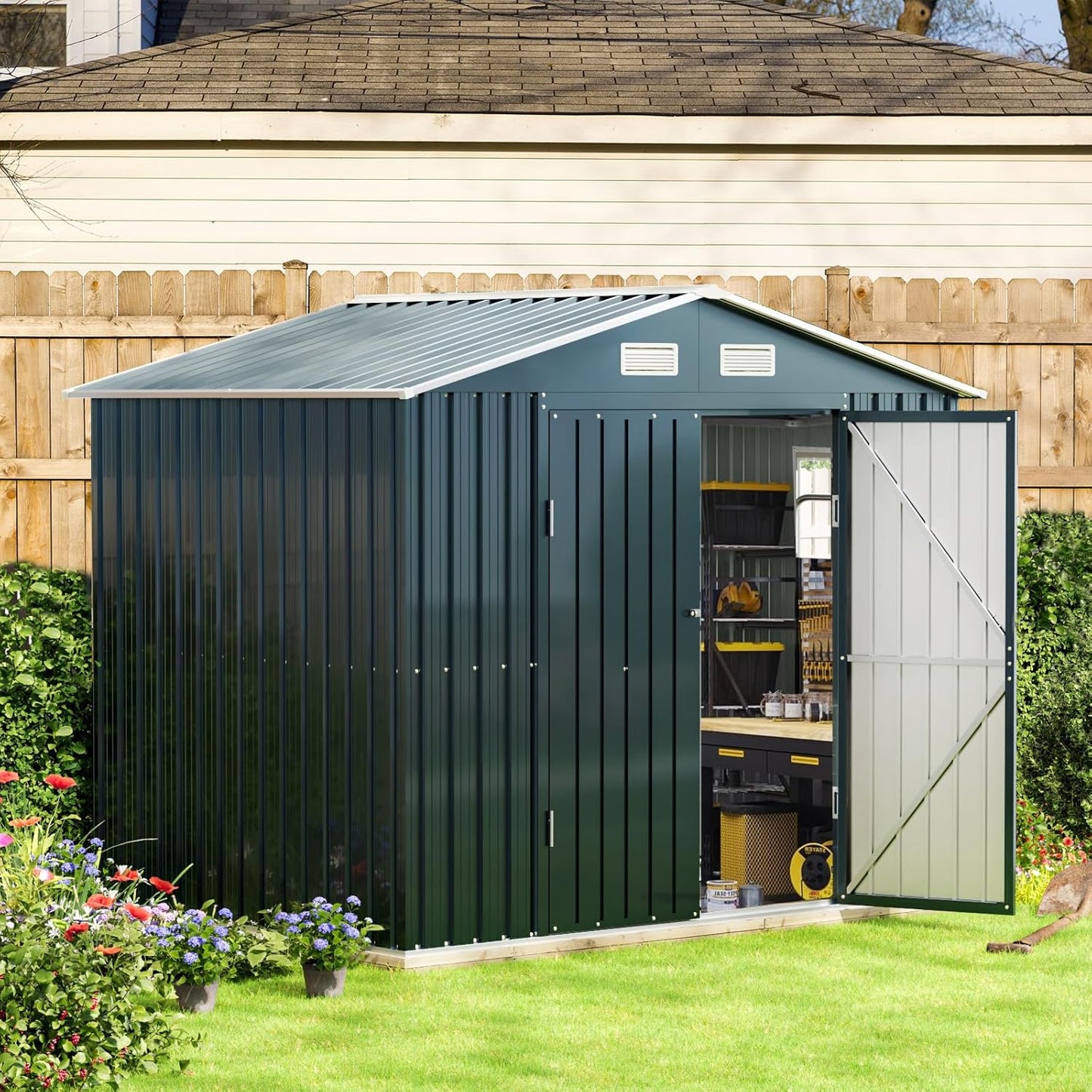 8x6FT Outdoor Steel Storage Shed with Clear Window, Lockable Doors, Weather-Resistant Metal Tool Shed for Garden, Backyard, Patio, and Utility Storage