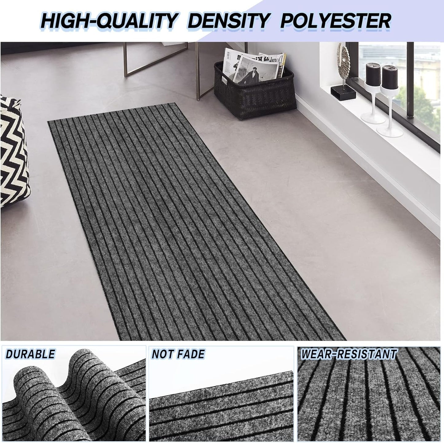 Custom Size Backed Non-Slip Area Rugs Runner, Easy Clean, Waterproof Runner Rugs for Hallway Entryway, Kitchen, Laundry, 2FT x 68FT, Gray Stripe