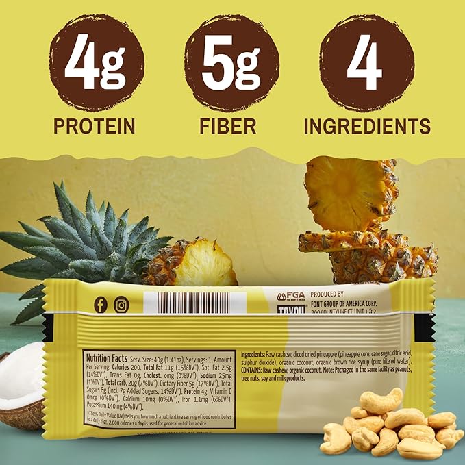 ToYou Chewy Fruit and Nut Bars - Healthy Protein Snacks | Piña Colada - 1.41 Ounce (Pack of 12) | Soft Chewy, Vegan, Fiber-packed Granola Bars for Adults and Kids, Made with Natural Ingredients