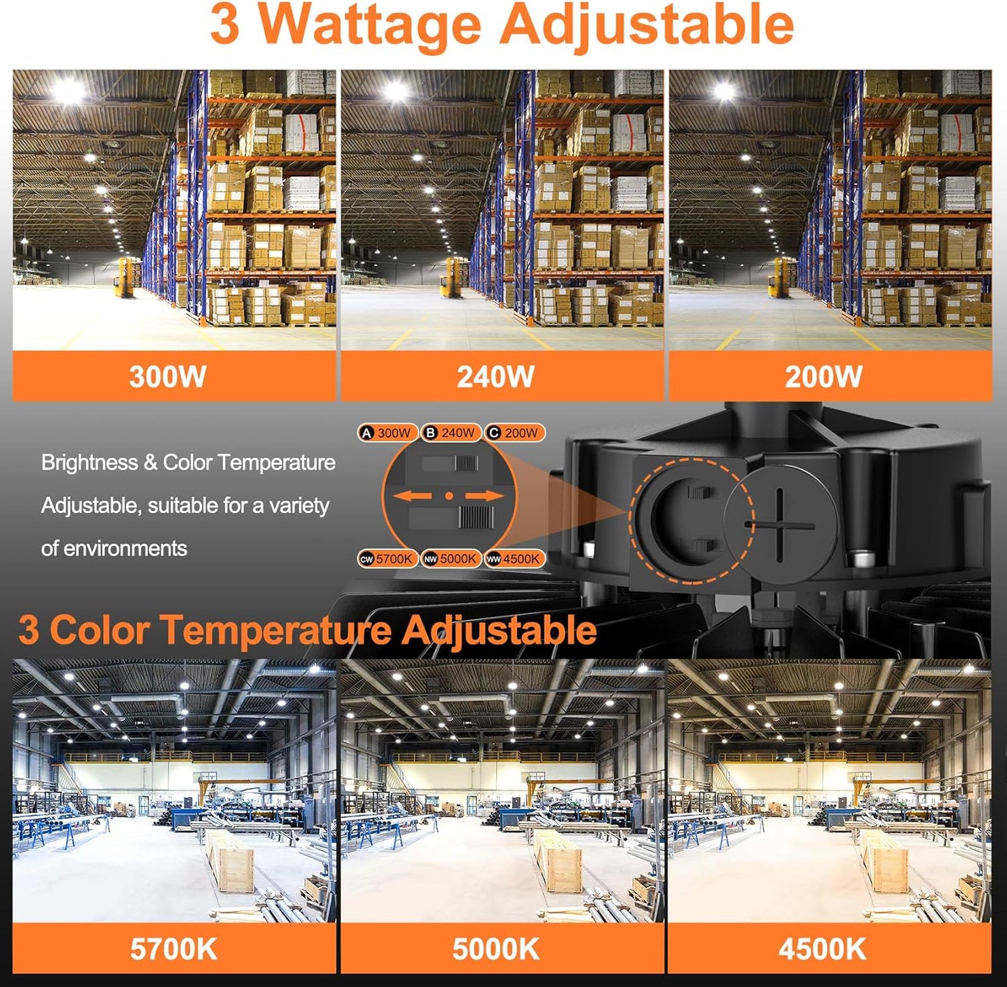 9Pack LED High Bay Lights, 300W UFO High Bay LED Shop Lights, 45000LM Adjustable CCT(5700K 5000K 4500K) & Power(300W 240W 200W), 0-10V Dimmable, 5' Cable Plug, IP65 Waterproof, ETL & DLC Listed