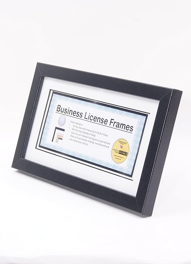 Creative Picture Frames 4-6X11Bk-W Black Business License Frames With Mat To Hold 3.5 By 8.5 Inch Self Standing Easel