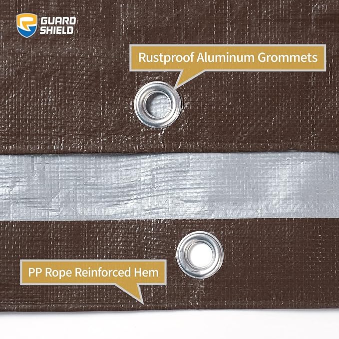 GUARD SHIELD Tarps Heavy Duty Waterproof 12x12 Feet Brown/Bright Silver Poly Tarp Cover Square Outdoor Thick UV Resistant Tarpaulin with Grommets 10mil