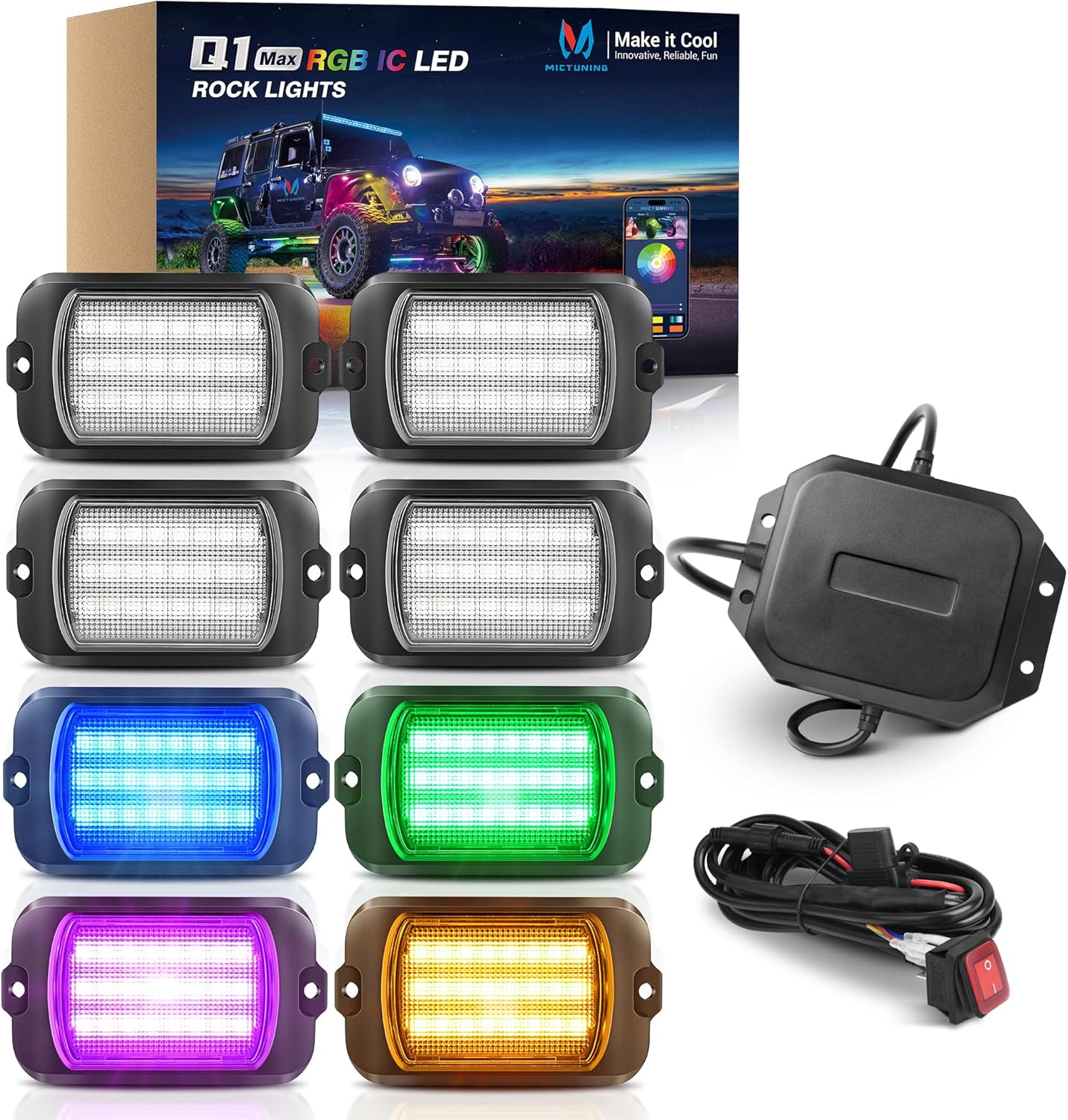 MICTUNING 2025 1000% Bright Q1 MAX RGB+IC Rock Lights, 8 Pods Chasing Dreamcolor Extensible Underglow Multicolor Neon Light Underbody Lighting Kit with APP Control for Truck ATV UTV Boat