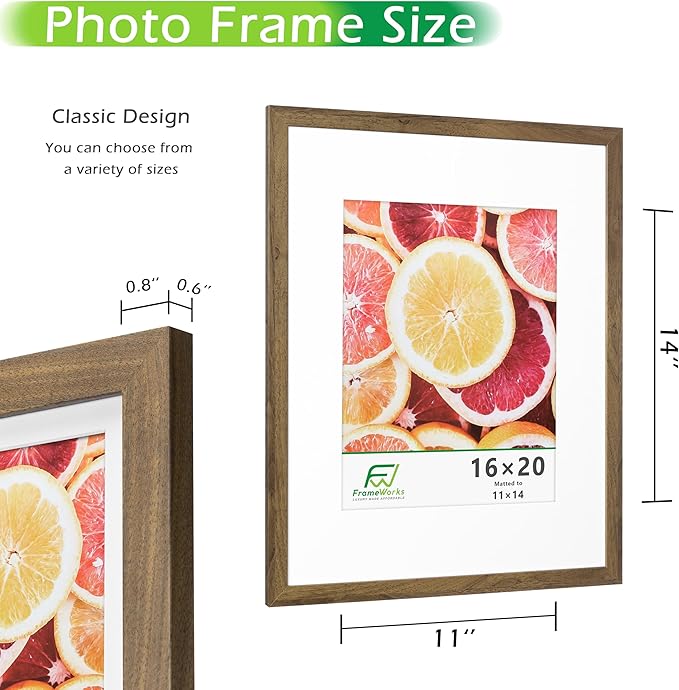 FrameWorks 2-Pack, 16x20 Matted to 11x14 Picture Frame, Dark Oak ??Classic Wooden Photo Frame with Tempered Glass, Modern Matte Finish for Prints, Posters, Certificates & Wall Decor ??Gallery-Ready
