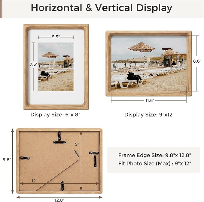 9x12 Picture Frames Natural Oak,Original Wood Hand Make Crafted Diploma Frame with Mat to 6x8 Graduation Picture Display,Family Picture,Wedding Picture,Photo,Certificate Tabletop & Wall Decoration