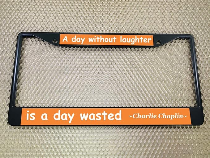 Custom Personalized Black Powder-Coated Metal Laser Engraved Standard Size - Car/Automobile License Plate Frame with Free caps - Orange/White Text (Qty: 1 Frame)
