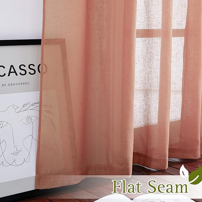 NICETOWN Washed Linen Curtains for Window, Grommet Natural Linen Semi Sheer Window Treatment Privacy with Light Filter Vertical Drapes for Bedroom, Terracotta=Burnt Orange, 2 Panels, W52 x L63
