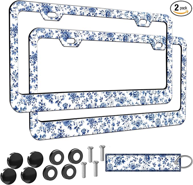2pcs Blue White Porcelain Floral License Plate Frame for Women, Blue Flowers car Decorative tag Frames Girly, Cute Florals License Plate Cover Holder for Vehicle with Double Sided car keychaisn tag