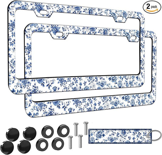2pcs Blue White Porcelain Floral License Plate Frame for Women, Blue Flowers car Decorative tag Frames Girly, Cute Florals License Plate Cover Holder for Vehicle with Double Sided car keychaisn tag