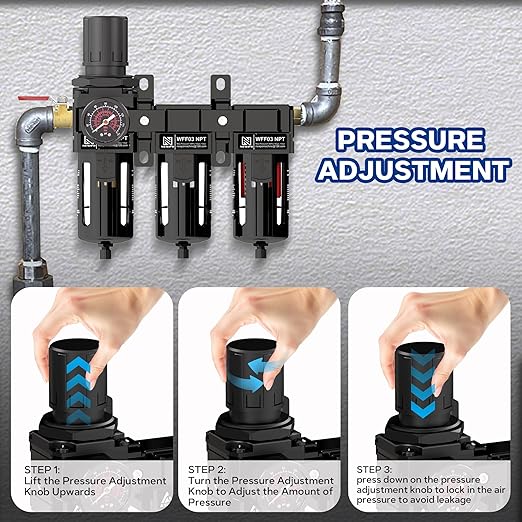 NEWPO 3/8" NPT Air Drying System for Water Separator,3 Stage Compressed Air Filter Regulator Combo, 5＆0.5&0.01 Micron Filter Cartridge,Semi-Auto Drain, Metal Bracket-Black