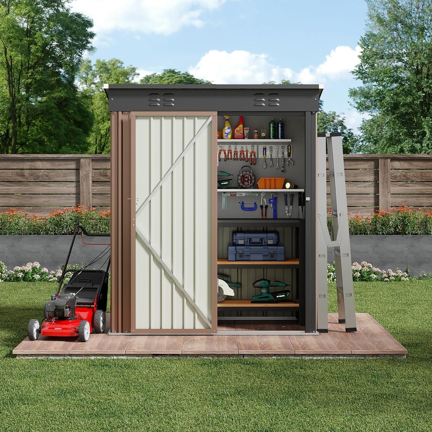 Bealife Outdoor Storage Shed Clearance, Metal Outdoor Storage Cabinet, Waterproof Tool Shed, Lockable Backyard Sheds for Garden, Patio and Lawn (Brown, 5' x 3')