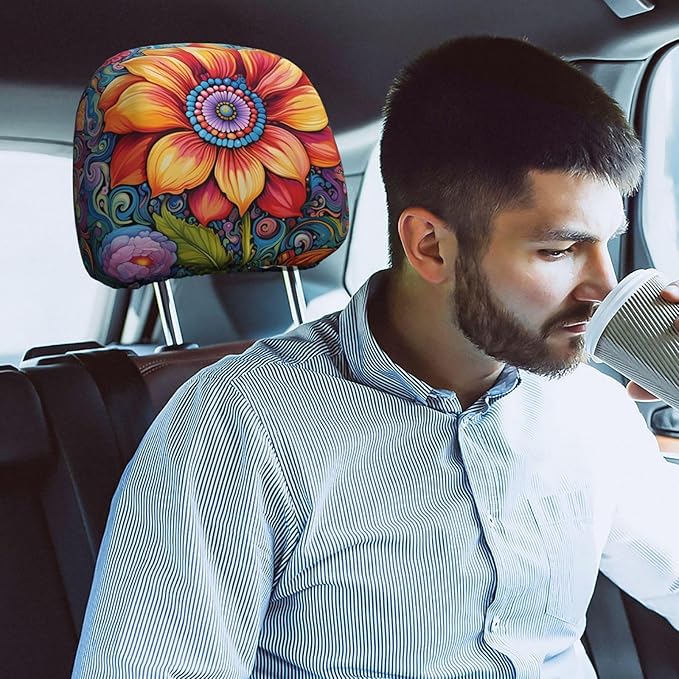 Dujiea 2 Pack Hippie Flower Car Headrest Covers, Universal Soft Car Seat Head Rest Cover Protector, Vehicle Accessories Fabric Headrest Cover for Cars Vans Trucks