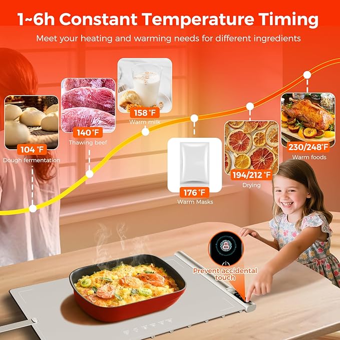 Food Warming Mat | Max Temp 248℉,Electric Warming Tray with Timer and 8-Level Adjustable,Fast Full-Surface Heating Mat for Food with Child Lock,Roll-Up & Portable Silicone Food Warmer for Buffet Party