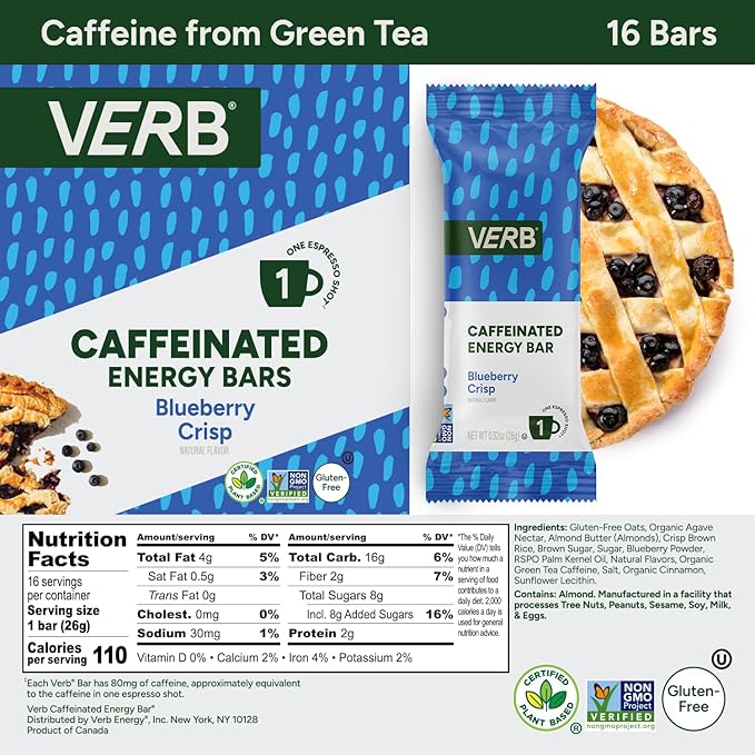 Verb Caffeinated Energy Bars Blueberry Crisp (26g, Pack of 16) 110-Calorie Delicious Low Sugar Energy Bar - Vegan Gluten Free On-the Go Snack with 80mg Green Tea Caffeine, Only Real-Food Ingredients