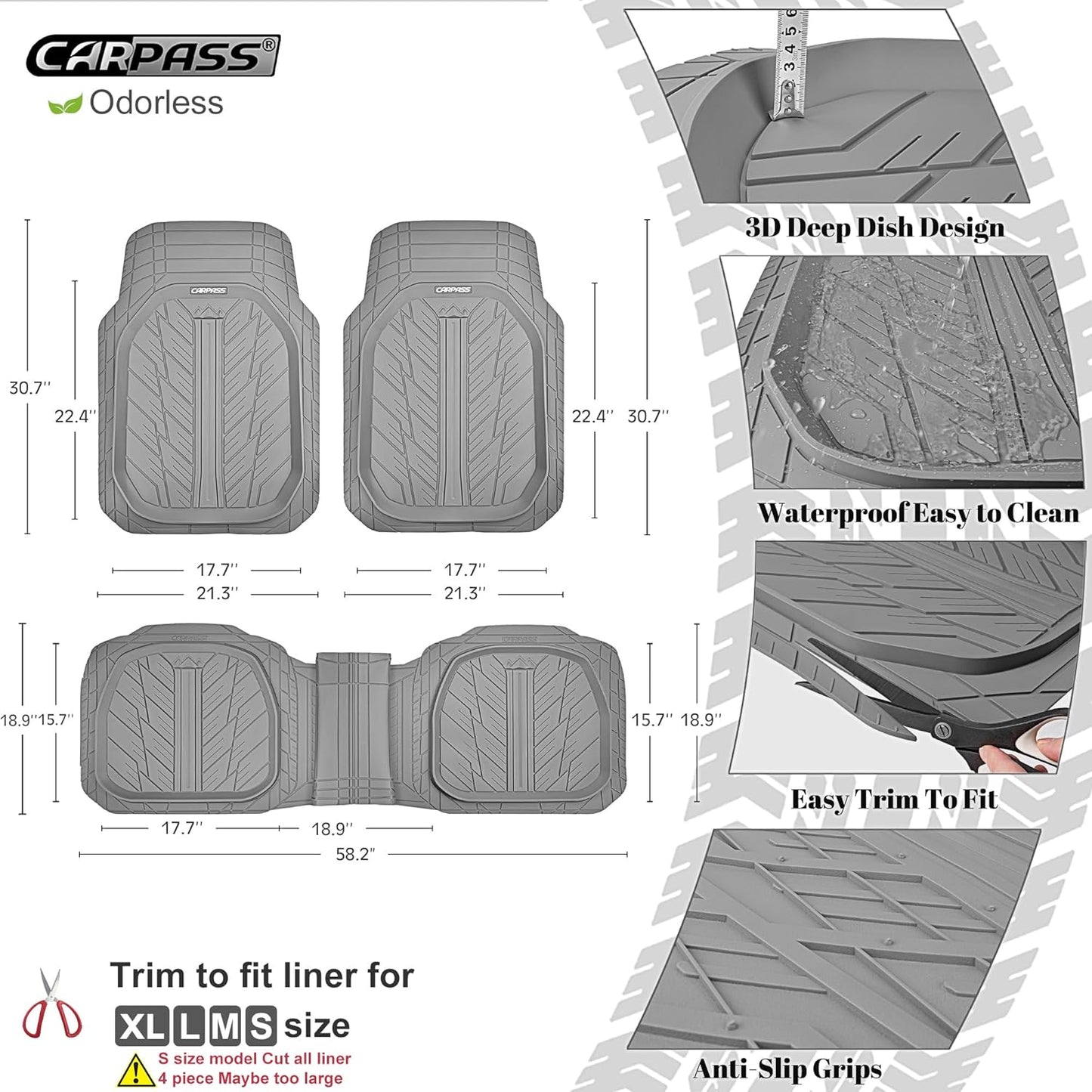 CAR PASS Deep Dish Rubber Floor Mats for Cars Full Set,Heavy Duty Car Mats,Universal Waterproof Trim-to Fit Automotive Floor Mats for Truck Van SUV, Durable All-Weather Car Mats 3-Piece (Light Gray)