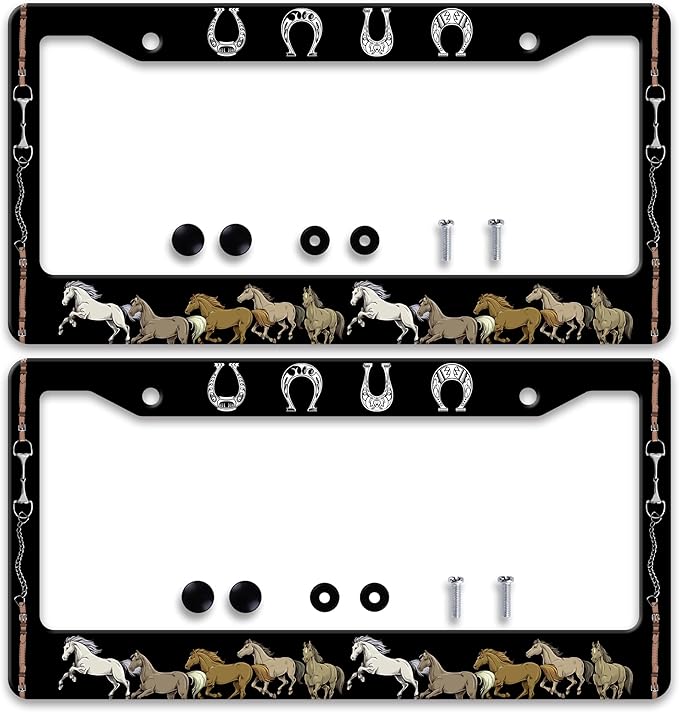 2 Pcs Horse License Plate Frame Horseshoe License Plate Holder Personalise Stainless Steel Funny Design Compatible With Standard License Plate Frames For Usa And Canada 6 X 12 Inch 2 Holes With Screws
