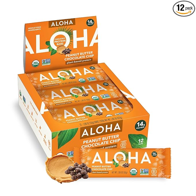 ALOHA Organic Plant Based Protein Bars |Peanut Butter Chocolate Chip | 1.98 Oz (Pack of 12) | Vegan, Low Sugar, Gluten Free, Paleo, Low Carb, Non-GMO, Stevia Free, Soy Free, No Sugar Alcohols