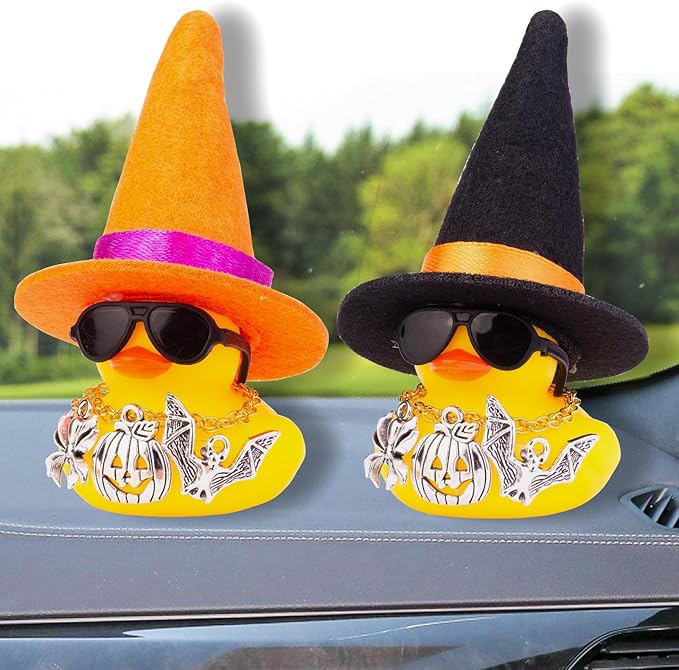 Rubber Duck Car Ornaments Yellow Duck Car Dashboard Decorations with Mini Witch Hat Sunglasses Necklace and Cute Accessories for Party Gifts(H5)