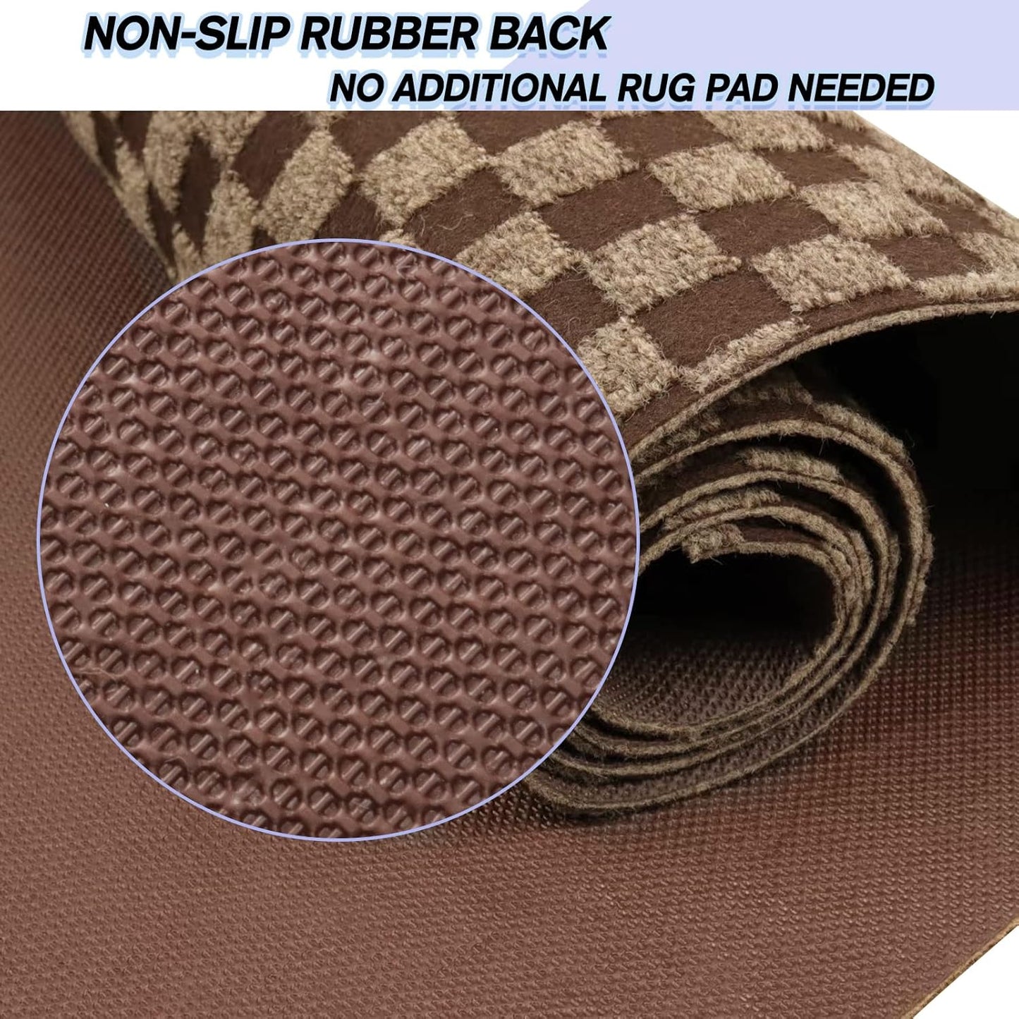 Custom Size Backed Non-Slip Area Rugs Runner, Easy Clean, Waterproof Runner Rugs for Hallway Entryway, Kitchen, Laundry, 3FT x 26FT, Brown Checkered