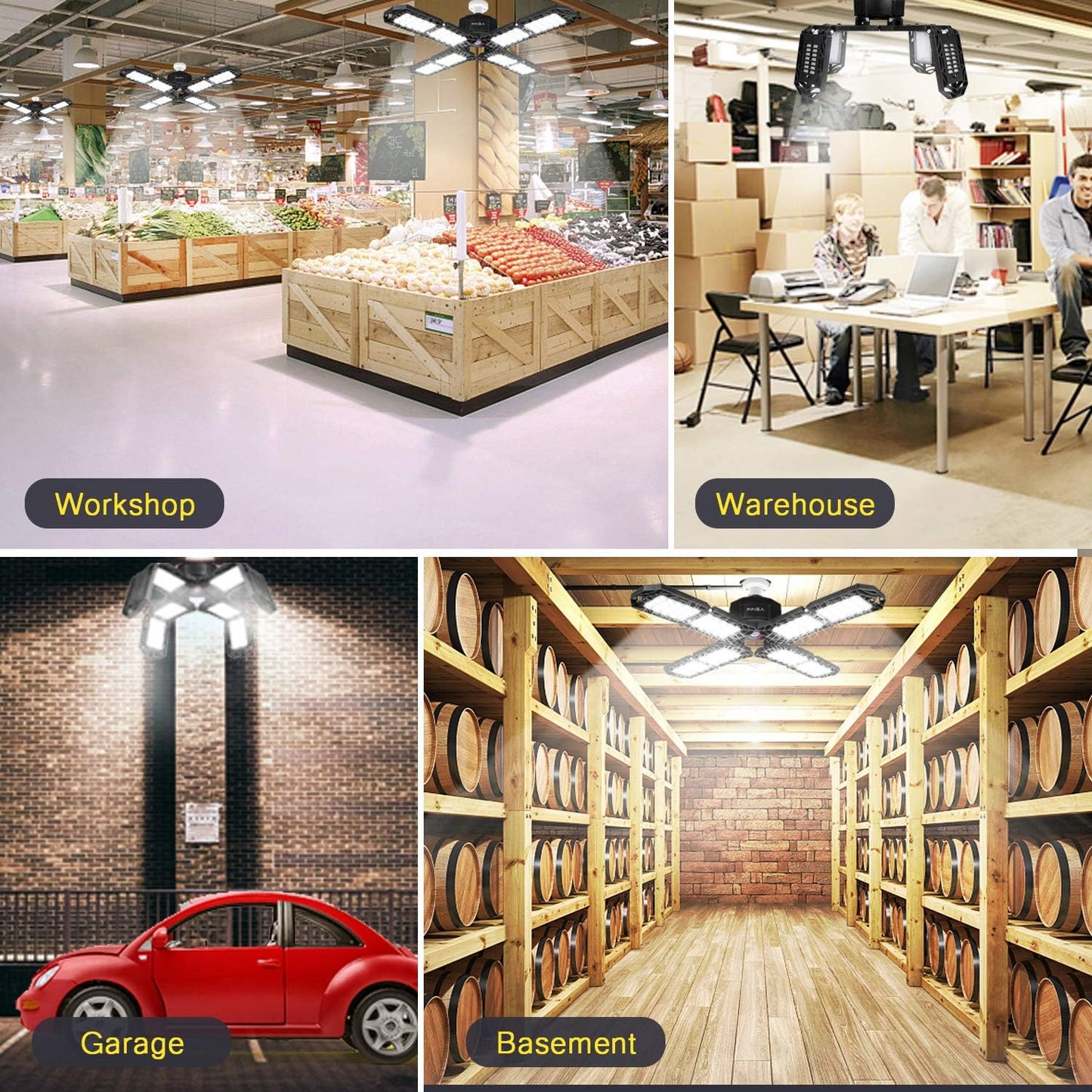 4 Pack LED Garage Light, Super Bright Screw in E26/E27 Ceiling Shop Work Lamp, 200W 20000 Lumen Deformable Basement Bulb Fixture with 8 Adjustable Panels