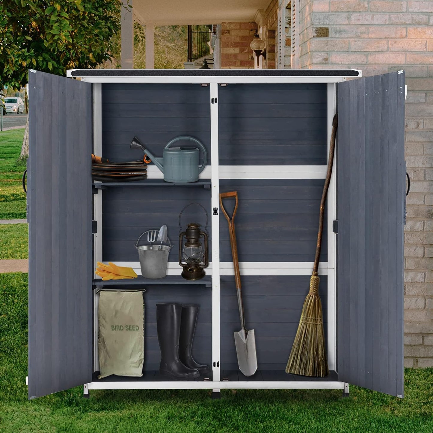 MCombo Outdoor Storage Cabinet with Shelves, Wood Garden Shed with Floor, Outside Tool Shed with 2 Lockable Doors for Backyard Patio Lawn, 1400 (Gray)