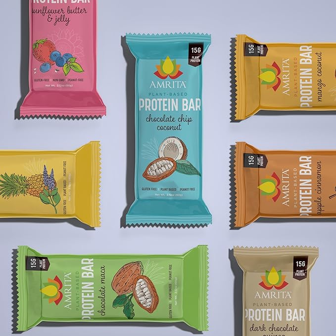 Amrita Nut Free Vegan Protein Bars (12 CT PK of 3) | Variety Pack 15g Plant-Based Protein Bar | Peanut-Free, Gluten Free, and Dairy-Free | No Added Sugar, High Fiber, Healthy Snacks for Kids/Adults