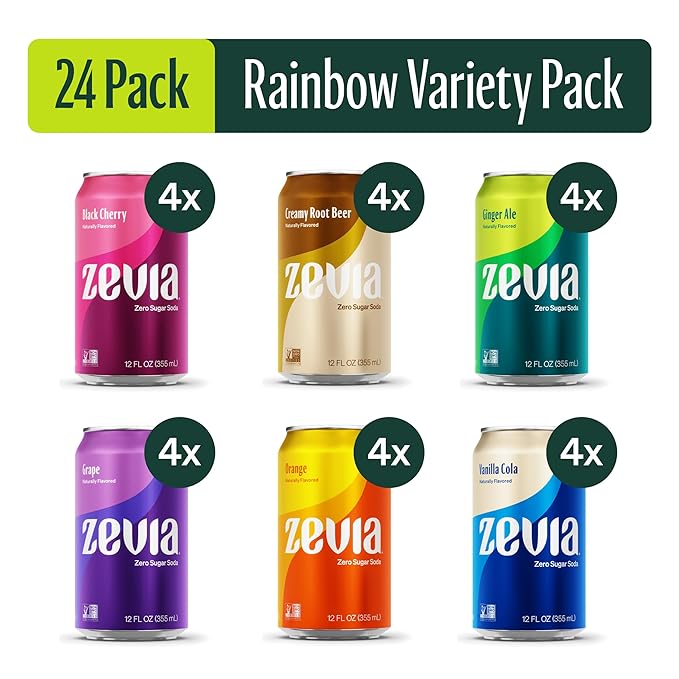 Zevia Zero Sugar Soda, Rainbow Variety Pack, 12 oz Cans (24-Pack) – Naturally Sweetened, Non-GMO Project Verified, Gluten-Free, Vegan