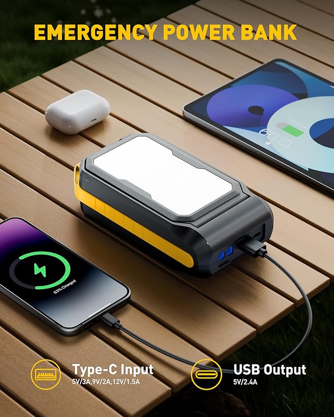 Jump Starter: 7000A Portable Car Battery-Jumper for All Gas or up to 12L Diesel, 3 in 1 Multi-Function 12V Auto Battery Booster Jump Box with 4000LM Camping Light and 16000mAh Power Bank