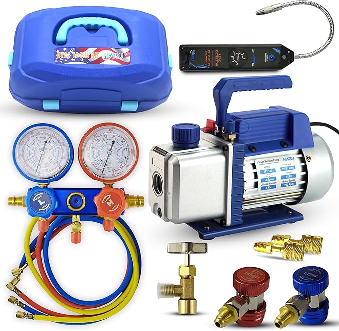 HVAC Tools Kit 4.5cfm Vacuum Pump Kit Mini Split 5Pa Rotary Vane Vacuum Pump 1/4HP Air Conditioner HVAC Air Tool R134a R410a with Oil Bottle 1/4" Male Inlet Port Air Conditioning Tools kit