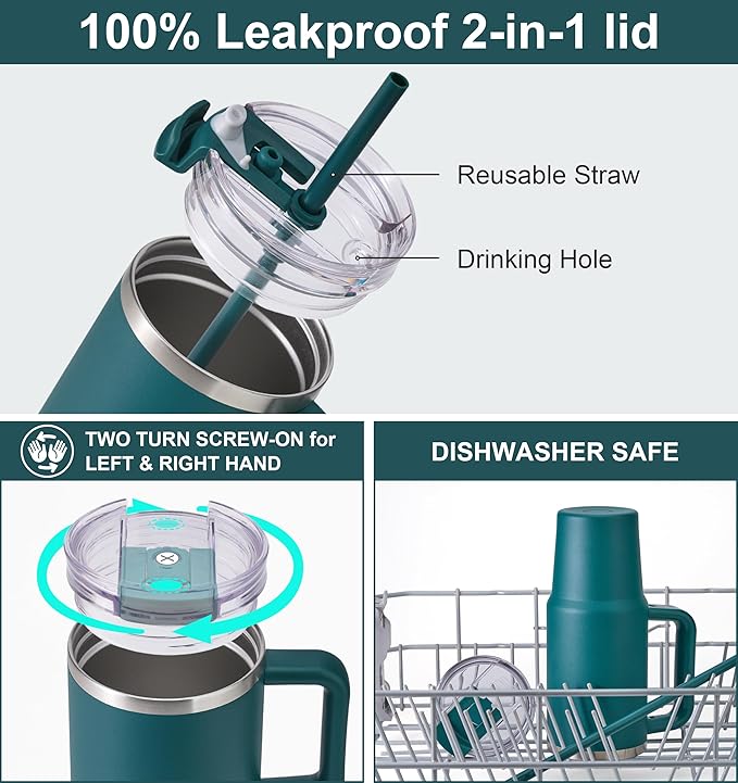 SUNWILL Coffee Tumbler with Handle, 20 oz Travel Mug with Lid and Straw Insulated, Stainless Steel Cup Leak Proof for Travel & Outdoor, Cupholder Friendly, Powder Coated Deep Teal