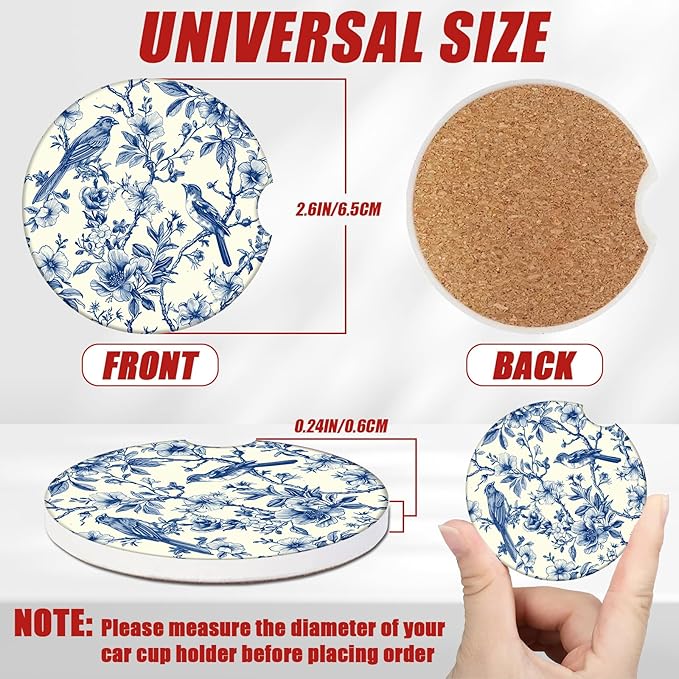 Blue Bird Floral Car Coasters for Cup Holders, Absorbent Ceramic Car Coaster Car Cup Holder Coaster Car Accessories for Women Men (2 Pack)