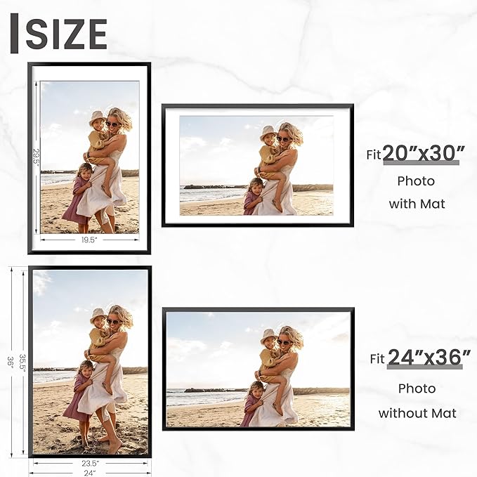 Heimlove 24x36 Black Aluminum Picture Frames, Large 20x30 Poster Frames for Wall, Versatile Wall Display Frames with Mat for 20x30 Photos for Home, Room, Office, Attached Hanging Hardware, 1Pack
