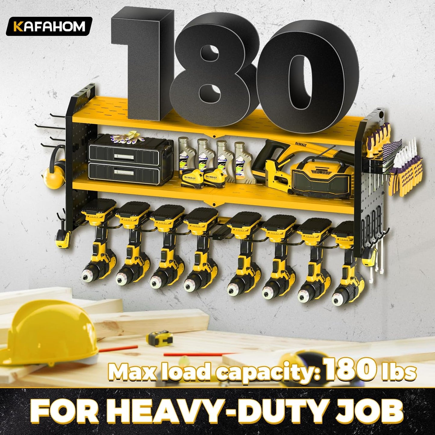 KAFAHOM Power Tool Organizer,Large 8 Drill Holder Wall Mount with 2 Side Pegboards,Metal Tool Shelf with 12 Hooks,Storage Rack for Garage Organization,Utility Cordless Drill Holder - Yellow