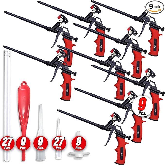Luft Professional Expanding Foam Spray Gun (9 Insulation Guns + 81 Extenders) PU Insulating Applicator Heavy Duty Metal Body Dispensing Foam Gun Suitable for Caulking, Filling, Sealing (9 Pack)