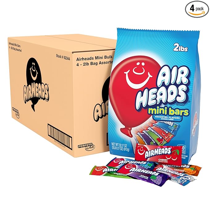 Airheads Mini Bars, Halloween Trick or Treat Candy, Assorted Flavors Variety Pack, Individually Wrapped Bulk Candy for Adults & Kids, Party, Pantry, Non-Melting, 80 ct Bag (Box of 4 Bags)