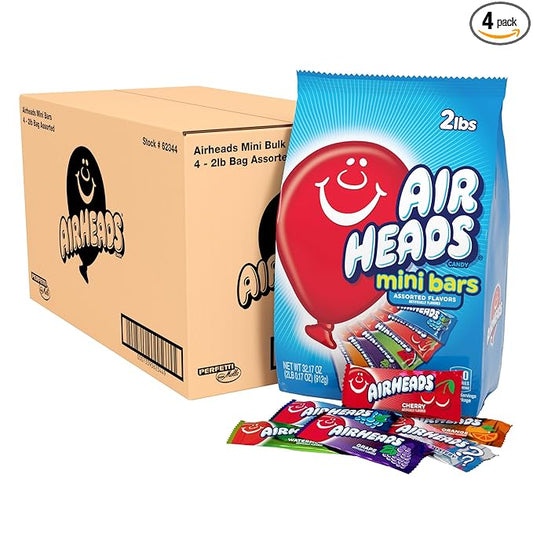 Airheads Mini Bars, Halloween Trick or Treat Candy, Assorted Flavors Variety Pack, Individually Wrapped Bulk Candy for Adults & Kids, Party, Pantry, Non-Melting, 80 ct Bag (Box of 4 Bags)