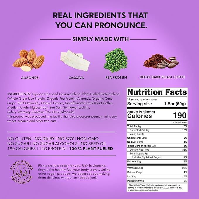 TRUBAR Vegan Protein Bar, Whole Lotta Macchiato, Gluten Free, Plant Based Protein, Dairy Free, Non GMO, Soy Free, No Sugar Alcohols, 12G Protein, 12G Fiber, 23G Carb, On the Go Snack Bars, 12 CT