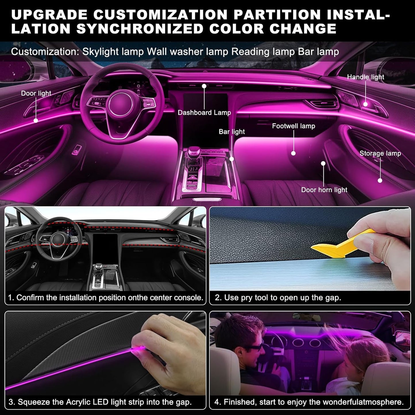 Acrylic Interior Car LED Strip Light with Wireless APP, Car Accessories 18 in 1 with 175 inches 593 LEDs Fiber Optic Ambient Lighting Kits, RGB Dynamic Music Sync Neon LED Strip Light for Car