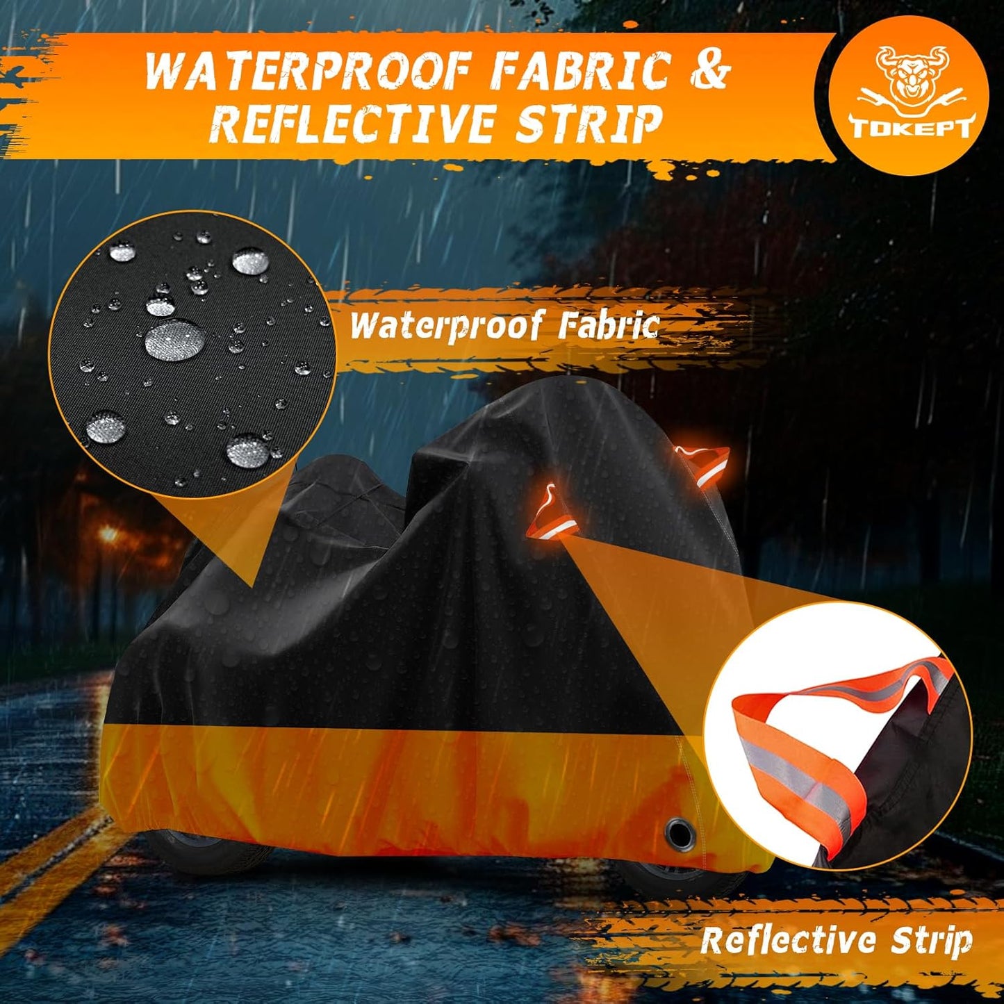 Trike Motorcycle Cover, Outdoor Waterproof Vehicle Cover with Windproof Buckle Reflective Strip for Harley Davidson, Honda Gold Wing, Kawasaki 3 Wheel Motorcycle Accessories (Black&Orange)