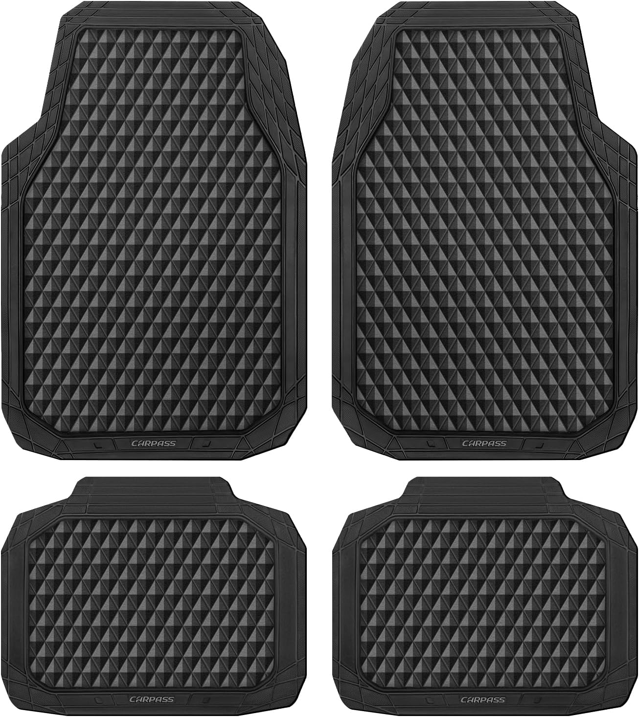 CAR PASS Black Rubber Car Mats, All-Weather Floor Mats Full Set Durable Anti-Slip 3D Rhombus Waterproof Automotive Pad Trim to Fit Liner Universal Fit for Sedan SUV Truck Van, 4 Pcs All Black Rubber