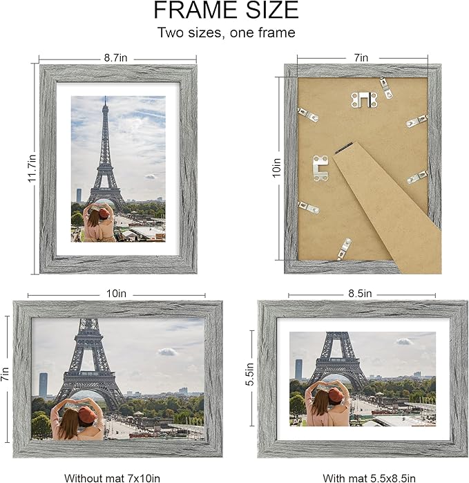 7x10 Picture Frame Set of 4, Made of Real Glass and Grey Frame - Display Picture 5.5x8.5 with Mat or 7x10 Without Mat, 7 by 10 Photo for Wall or Tabletop