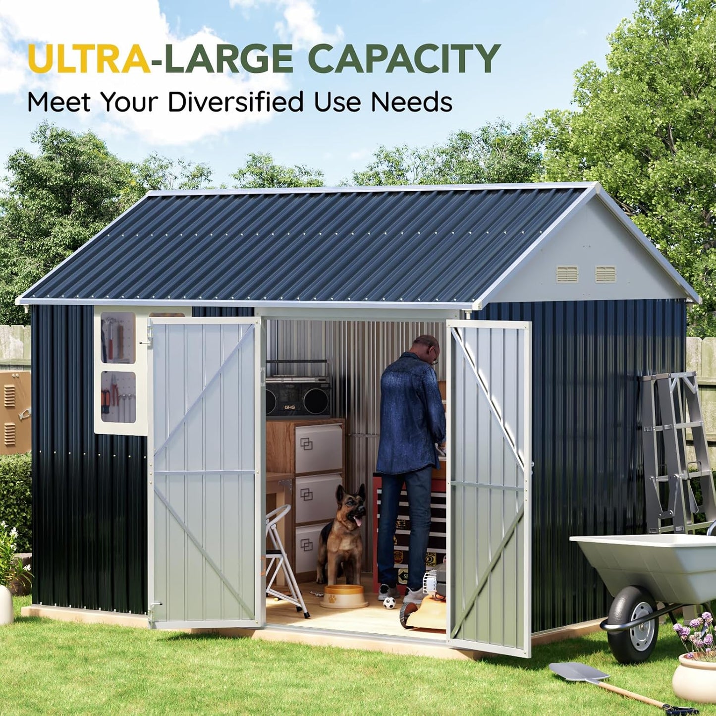 Breezz 8X10FT Outdoor Steel Storage Shed with Clear Window, Lockable Doors, Weather-Resistant Metal Tool Shed for Garden, Backyard, Patio, and Utility Storage.Nightblue