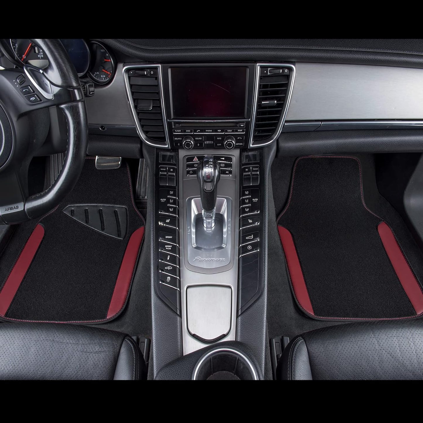 CAR PASS Waterproof Universal Fit Car Floor Mats, Car Mats Fit for SUV,Vans,sedans, Trucks,Set of 4pcs Car Carpet with Driver Heel Pad（Black and Burgundy）