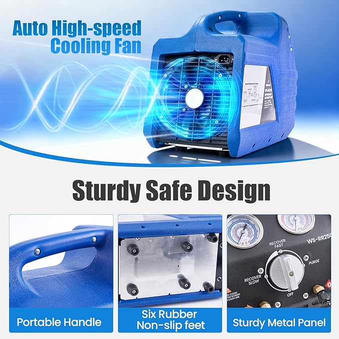 3/4 HP Refrigerant Recovery Machine, 60Hz Portable Freon Recycling Unit HVAC Oil-Less Self-Cleaning Recovery Machines for Vapor Liquid Refrigerant Household Car Air Conditioning