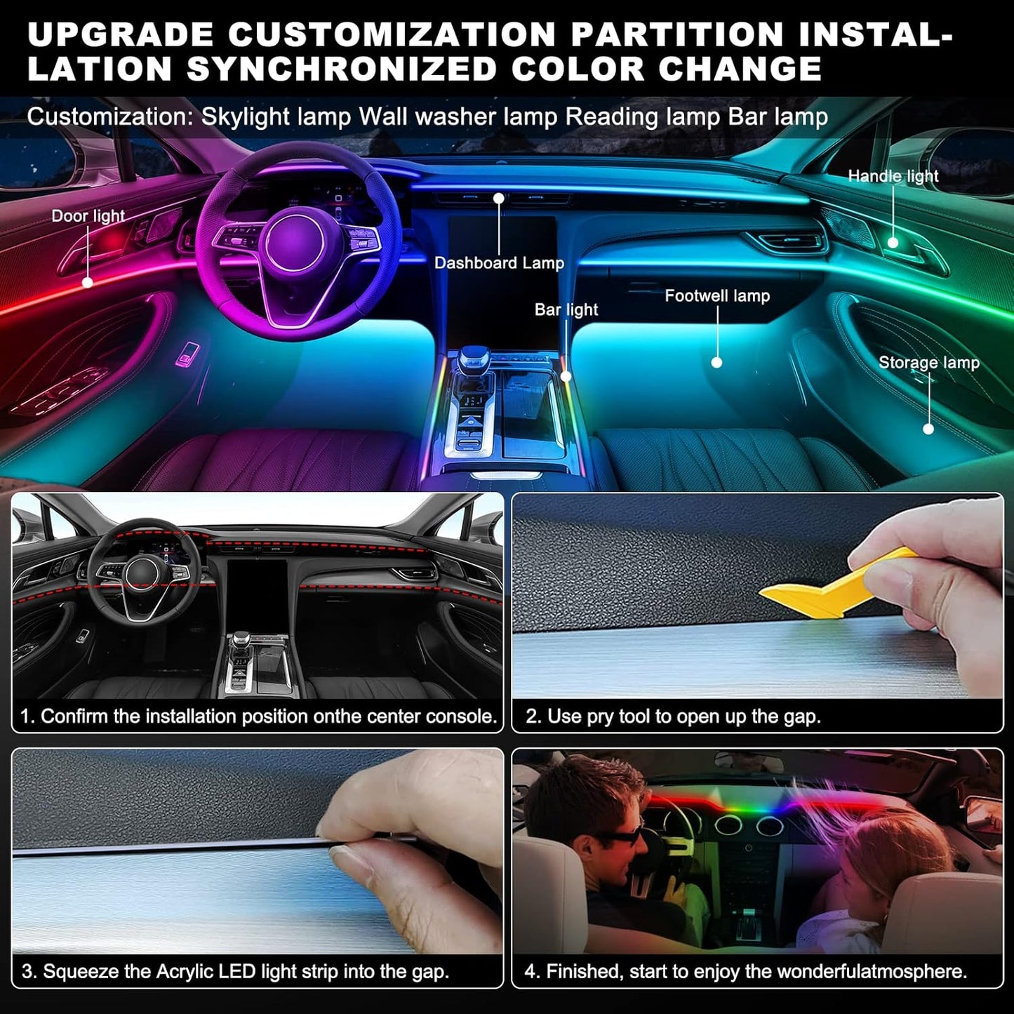 Dreamcolor Acrylic Interior Car LED Strip Light with Wireless APP, RGB 14 in 1 with 175 inches 612 LEDs Fiber Optic Strip Lights for Car, Dual Zone Symphony Neon Car Ambient Lighting