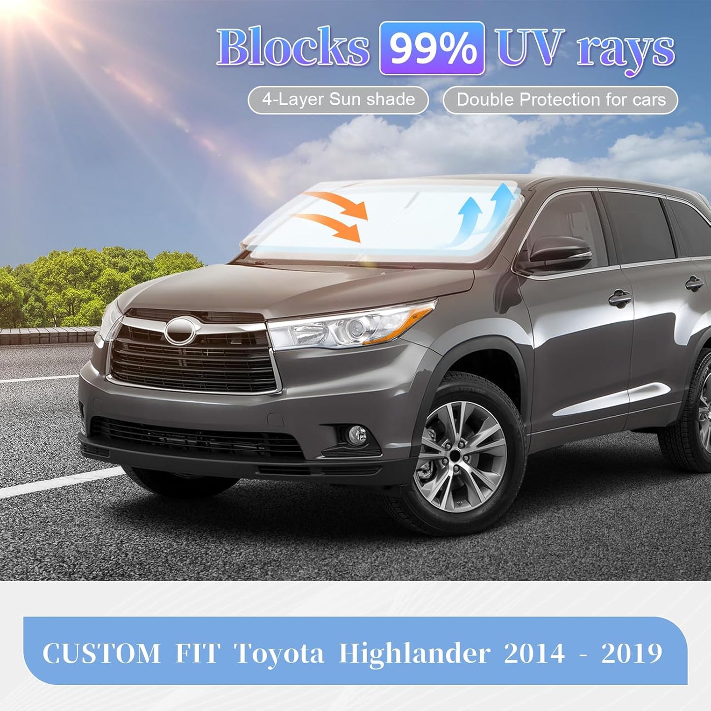 Compatible with Toyota Highlander 2014-2019 Sun Shade Sunshade Windshield Cover, 4-Layer Front Window Shade Custom Fit Visor 240T Foldable Shade Blocks UV Rays Cooler Car Accessories